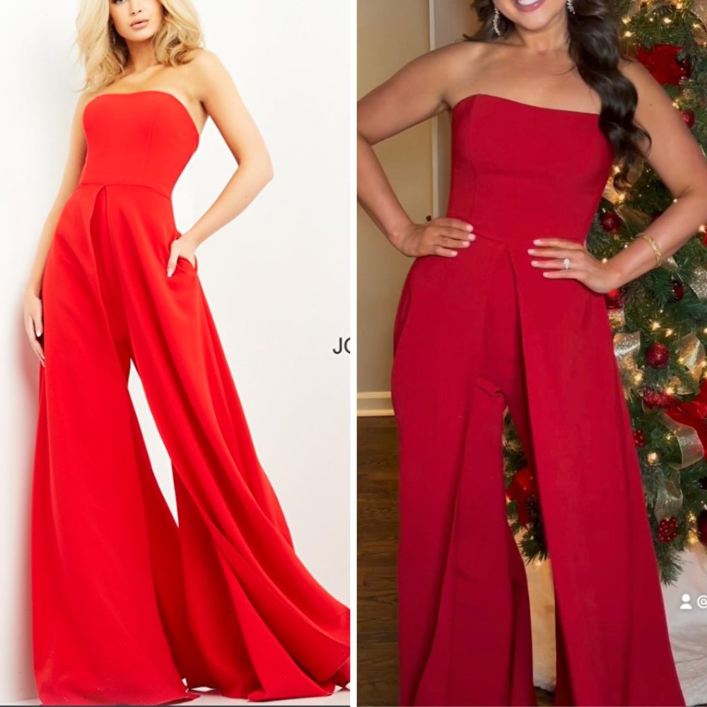 Red Jovani Jumpsuit with Overlay and Pockets